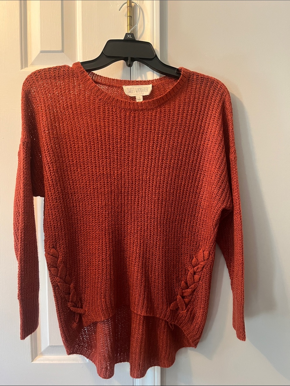 Sweet Wanderer Burnt Orange Crewneck Sweater with Braided Side Detail